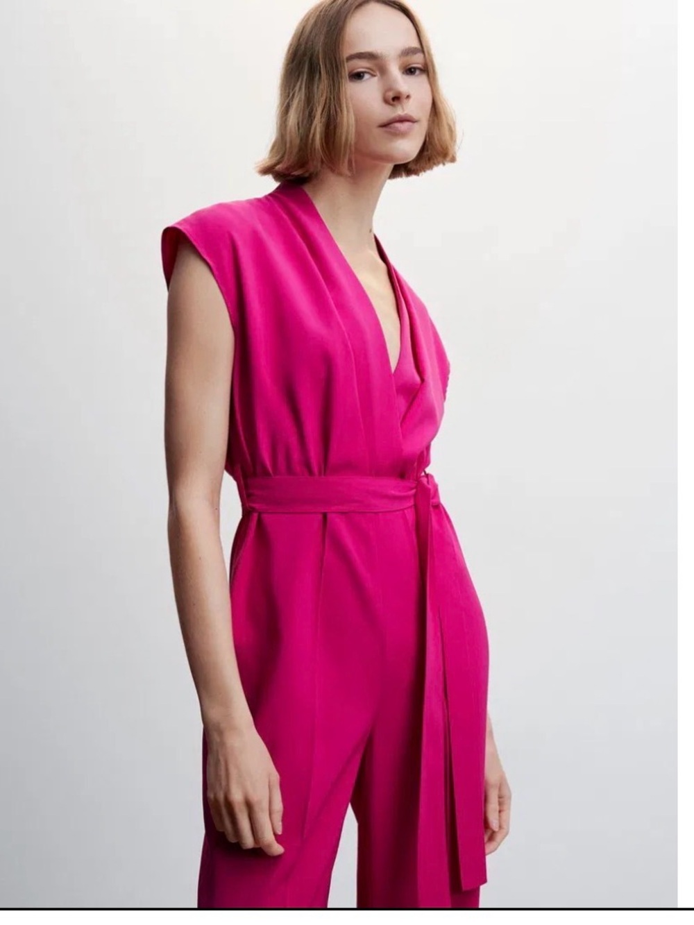 Mango Magenta Sleeveless V-Neck Jumpsuit with Tie Waist - Picture 2 of 7